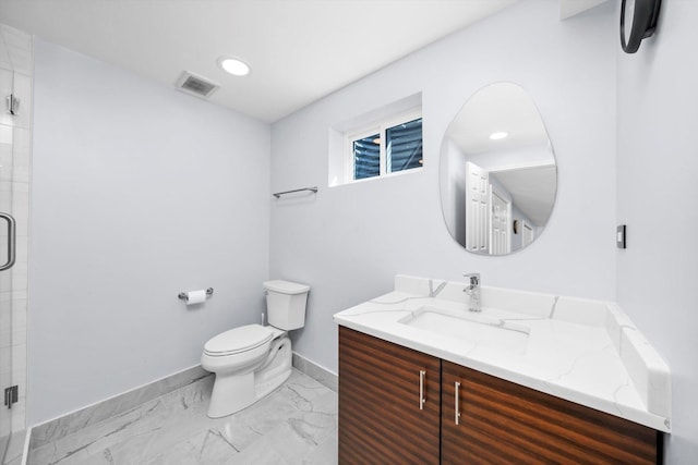 11731 Blackburn Dr, Orland Park, IL 60467 - bathroom featuring marble look tile flooring, toilet, a stall shower, vanity, and baseboards