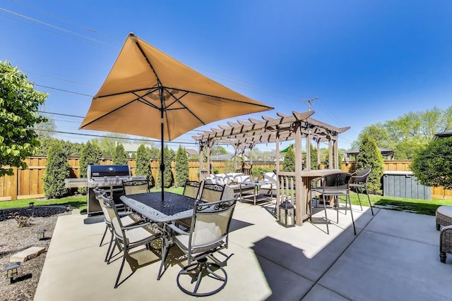 view of patio / terrace with a pergola, outdoor dining area, fence, and area for grilling