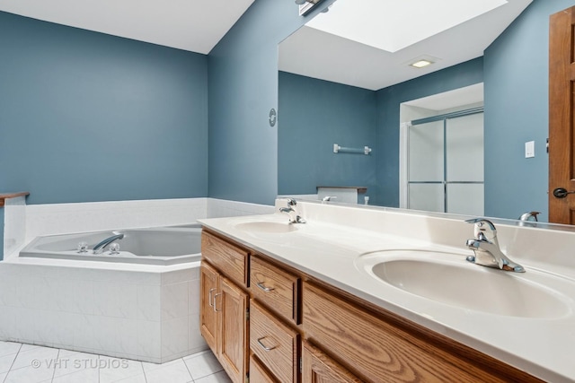 341 Breckenridge Dr, Aurora, IL 60504 - bathroom featuring a skylight, a bath, double vanity, tile patterned floors, and a stall shower