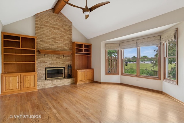 341 Breckenridge Dr, Aurora, IL 60504 - unfurnished living room featuring a ceiling fan, light wood-style floors, a fireplace, beam ceiling, and baseboards