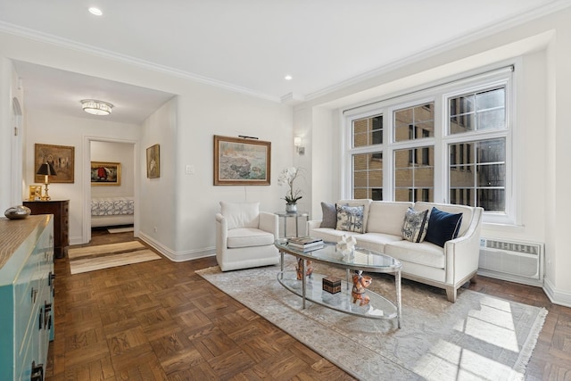 living area featuring baseboards, recessed lighting, crown molding, and a wall mounted AC