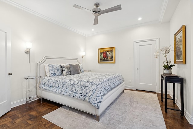 bedroom with baseboards, crown molding, recessed lighting, and ceiling fan