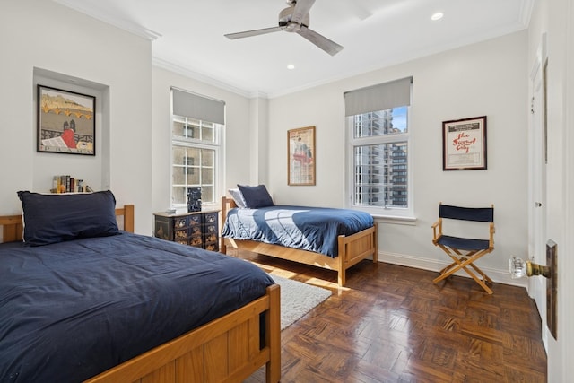 bedroom featuring ornamental molding, recessed lighting, a ceiling fan, and baseboards