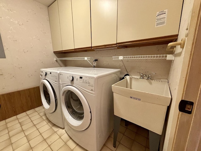 13464 S Westview Dr Unit 4, Palos Heights, IL 60463 - washroom with cabinet space, washing machine and clothes dryer, light tile patterned floors, and a wainscoted wall