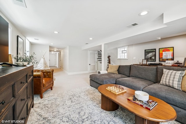 4328 N Ridgeway Ave, Chicago, IL 60618 - living area featuring stairs, recessed lighting, light colored carpet, and baseboards