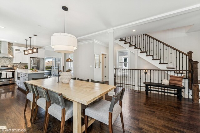 4328 N Ridgeway Ave, Chicago, IL 60618 - dining area featuring dark wood-style flooring, recessed lighting, stairs, and crown molding
