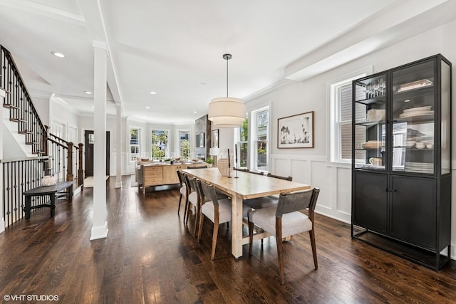 4328 N Ridgeway Ave, Chicago, IL 60618 - dining room with dark wood finished floors, stairway, ornamental molding, and recessed lighting