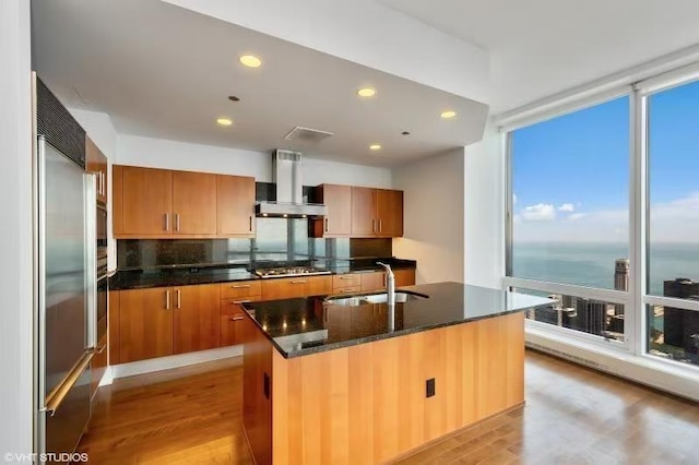 401 N Wabash Ave Unit 81F, Chicago, IL 60611 - kitchen featuring island exhaust hood, a sink, light wood-style floors, appliances with stainless steel finishes, and recessed lighting