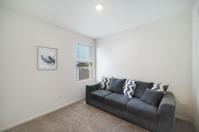 carpeted living area featuring baseboards