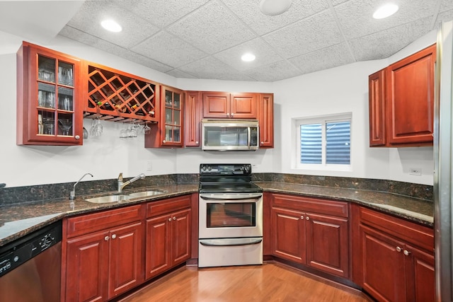 kitchen featuring appliances with stainless steel finishes, a sink, light wood-type flooring, recessed lighting, and glass insert cabinets