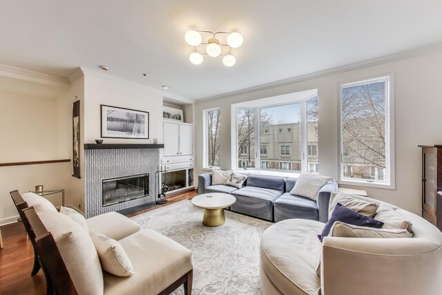 19 W 15th St, Chicago, IL 60605 - living room featuring crown molding, wood finished floors, and a fireplace with flush hearth