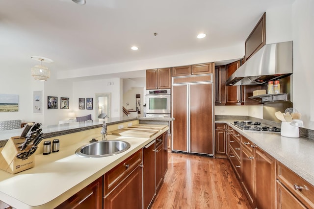 19 W 15th St, Chicago, IL 60605 - kitchen featuring appliances with stainless steel finishes, a sink, range hood, light wood finished floors, and light countertops