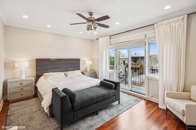 bedroom with access to exterior, wood finished floors, recessed lighting, baseboards, and ceiling fan