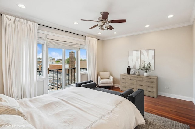 bedroom featuring access to outside, wood finished floors, baseboards, recessed lighting, and ornamental molding