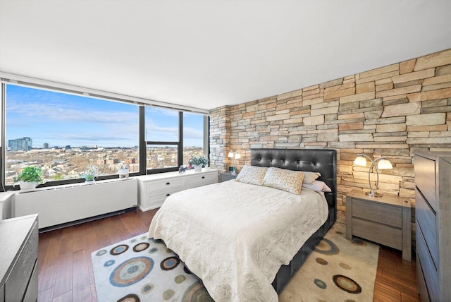 bedroom with dark wood finished floors and a view of city