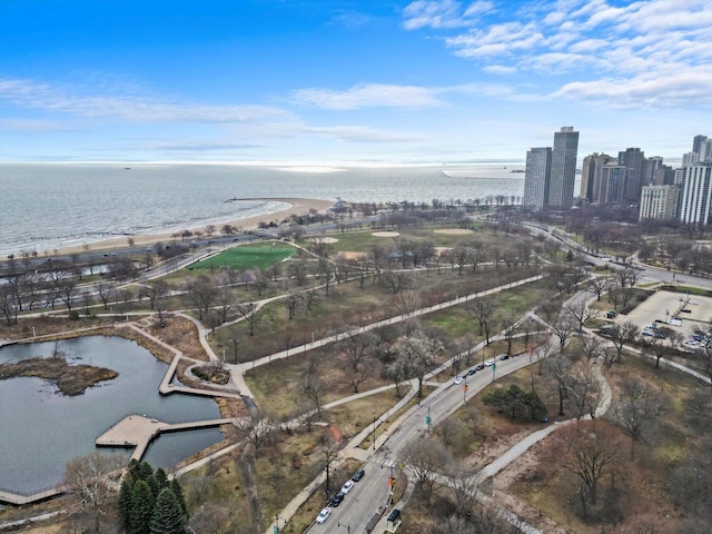 view of property location with a large body of water and a view of skyline