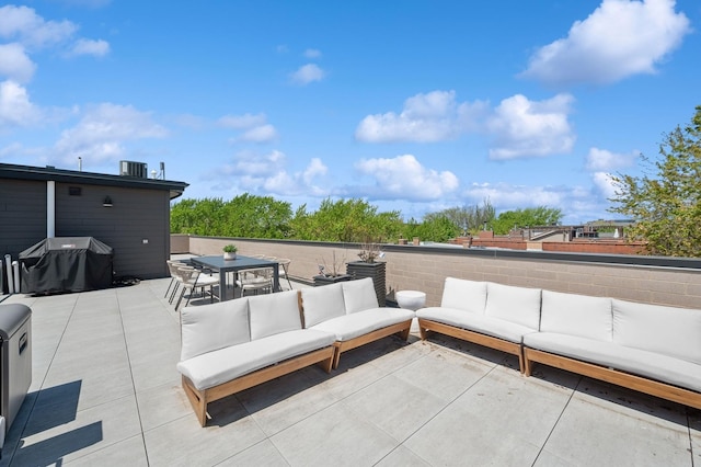 view of patio with an outdoor living space, outdoor dining space, grilling area, and cooling unit