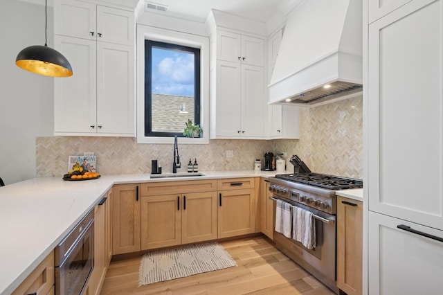 kitchen featuring appliances with stainless steel finishes, premium range hood, a sink, and light wood-type flooring