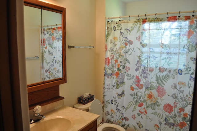 bathroom featuring toilet, a shower with shower curtain, and vanity