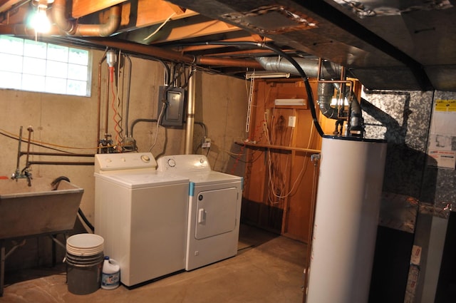 laundry room with water heater, washing machine and dryer, and electric panel