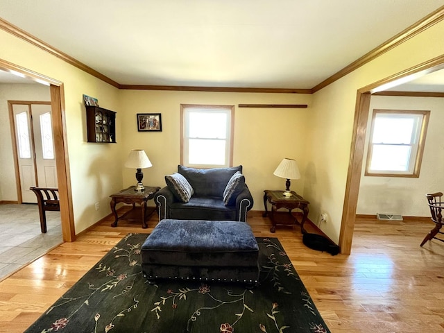 80 N 14th Rd, Lostant, IL 61334 - living area featuring wood finished floors, plenty of natural light, ornamental molding, and baseboards