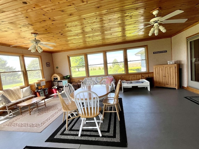 80 N 14th Rd, Lostant, IL 61334 - dining room featuring a ceiling fan, wooden ceiling, and finished concrete flooring