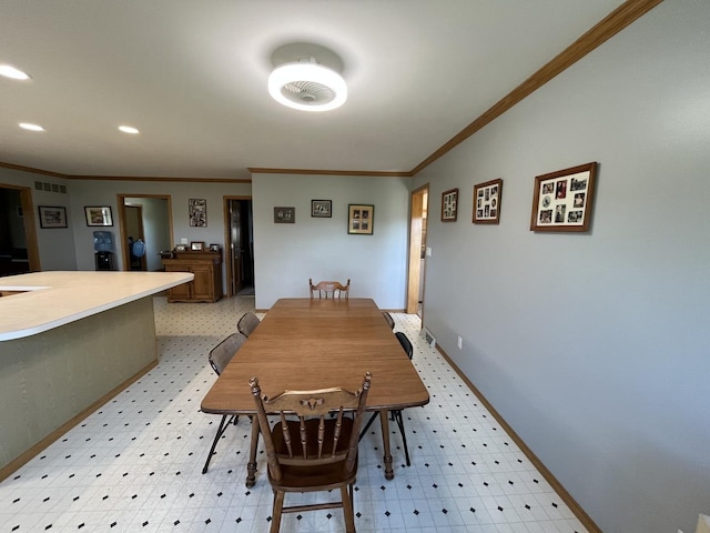 80 N 14th Rd, Lostant, IL 61334 - dining area featuring light flooring, ornamental molding, baseboards, and recessed lighting