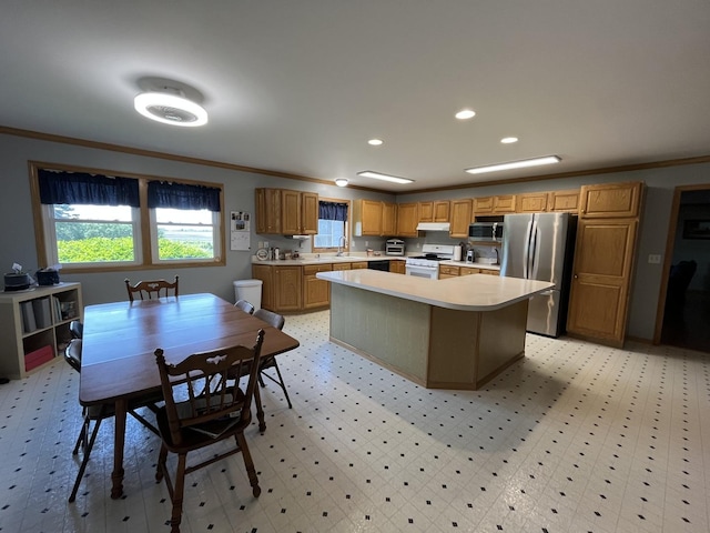 80 N 14th Rd, Lostant, IL 61334 - kitchen with stainless steel appliances, light countertops, ornamental molding, under cabinet range hood, and a sink