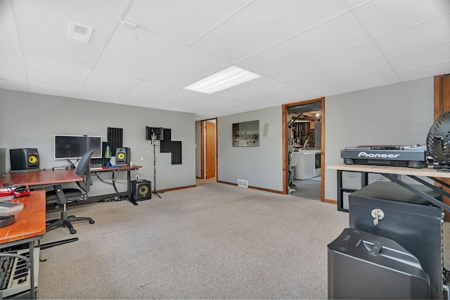 424 Falcon Ridge Way, Bolingbrook, IL 60440 - home office featuring a paneled ceiling, carpet floors, washer / dryer, and baseboards