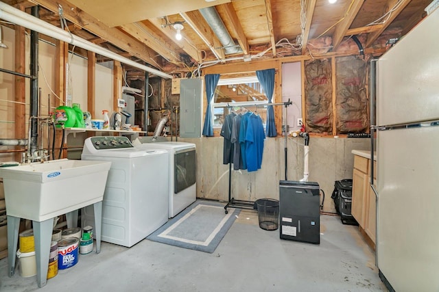 424 Falcon Ridge Way, Bolingbrook, IL 60440 - unfinished basement featuring separate washer and dryer, freestanding refrigerator, and electric panel