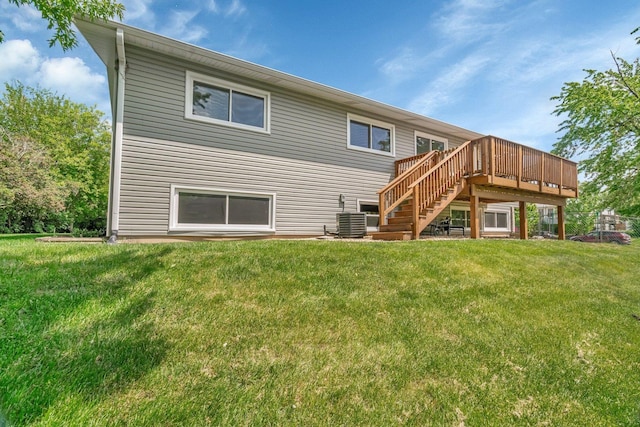 424 Falcon Ridge Way, Bolingbrook, IL 60440 - rear view of house featuring a wooden deck, a lawn, stairway, and cooling unit