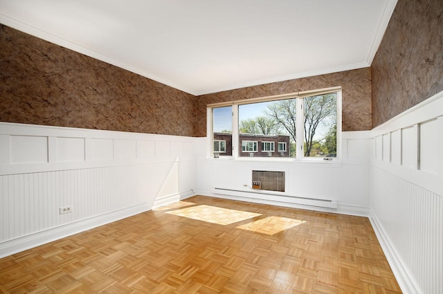 2700 E Bel Aire Dr Unit 304, Arlington Heights, IL 60004 - empty room featuring baseboard heating, a wainscoted wall, a decorative wall, a fireplace, and wallpapered walls