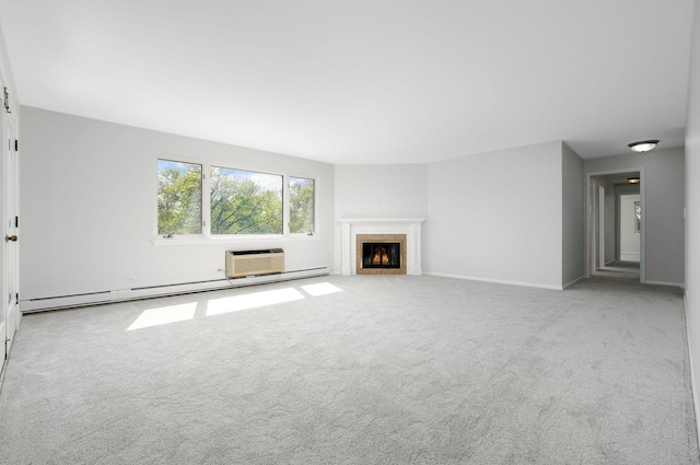 2700 E Bel Aire Dr Unit 304, Arlington Heights, IL 60004 - unfurnished living room with carpet floors, a lit fireplace, baseboard heating, and a wall mounted air conditioner