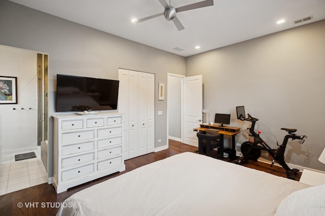 2116 W Barry Ave Unit 3, Chicago, IL 60618 - bedroom featuring baseboards, wood finished floors, a closet, ceiling fan, and recessed lighting