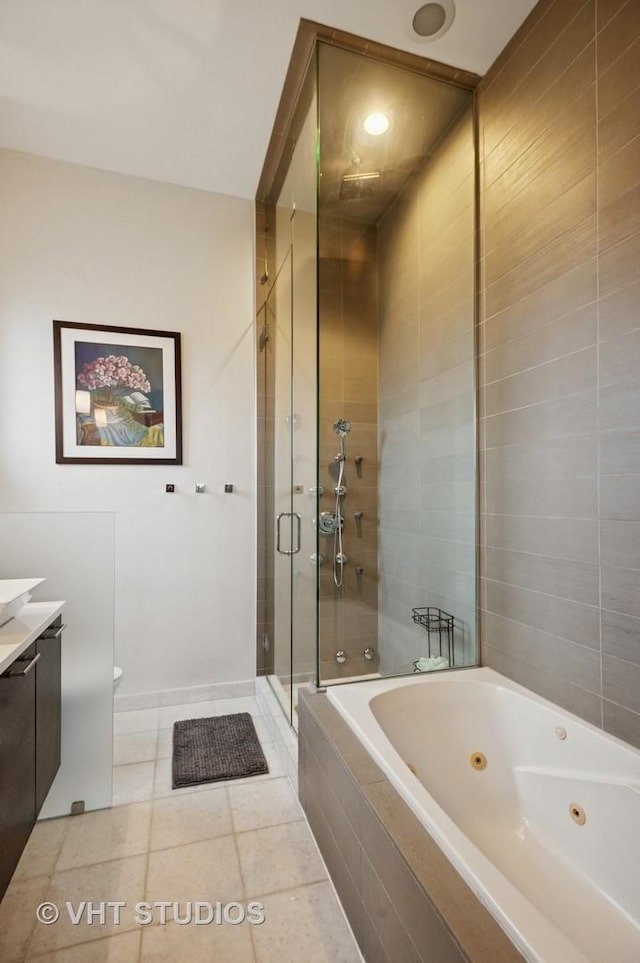 2116 W Barry Ave Unit 3, Chicago, IL 60618 - full bathroom with vanity, a stall shower, tile patterned floors, and a tub with jets