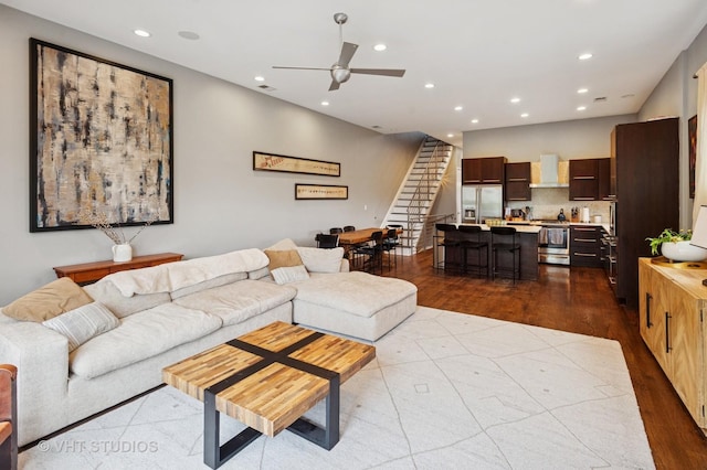 2116 W Barry Ave Unit 3, Chicago, IL 60618 - living area featuring stairs, a ceiling fan, dark wood finished floors, and recessed lighting