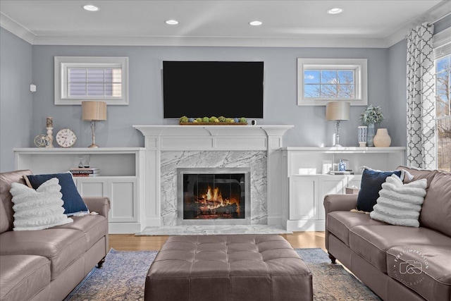 5233 Carpenter St, Downers Grove, IL 60515 - living area with a high end fireplace, wood finished floors, ornamental molding, and recessed lighting