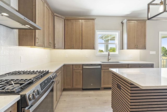 kitchen with stainless steel appliances, under cabinet range hood, a sink, light wood finished floors, and backsplash