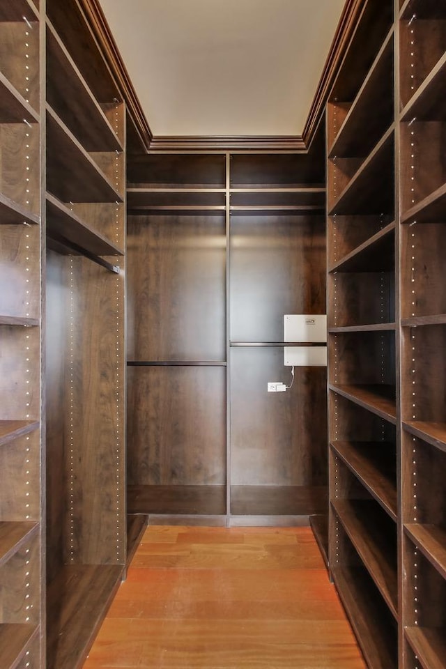 walk in closet with wood finished floors