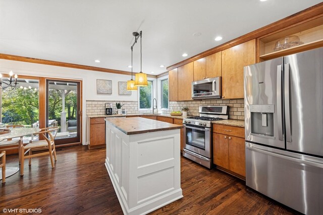 2116 Nachtman Ct, Wheaton, IL 60187 - kitchen featuring appliances with stainless steel finishes, healthy amount of natural light, decorative backsplash, a sink, and crown molding