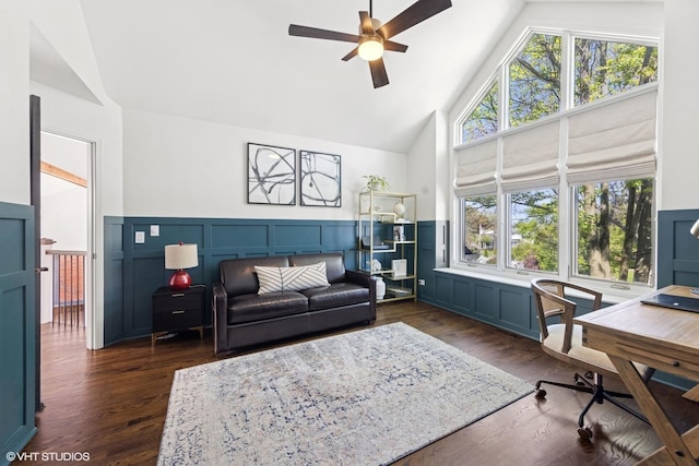 2116 Nachtman Ct, Wheaton, IL 60187 - living room with high vaulted ceiling, ceiling fan, a wainscoted wall, dark wood-style floors, and a decorative wall