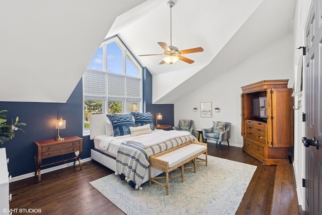 2116 Nachtman Ct, Wheaton, IL 60187 - bedroom with dark wood finished floors, high vaulted ceiling, ceiling fan, and baseboards