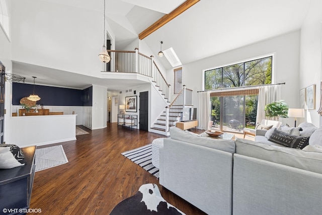 2116 Nachtman Ct, Wheaton, IL 60187 - living room featuring high vaulted ceiling, wood finished floors, and stairs