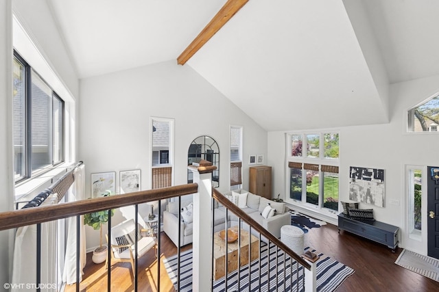 2116 Nachtman Ct, Wheaton, IL 60187 - hallway featuring high vaulted ceiling, wood finished floors, and beam ceiling