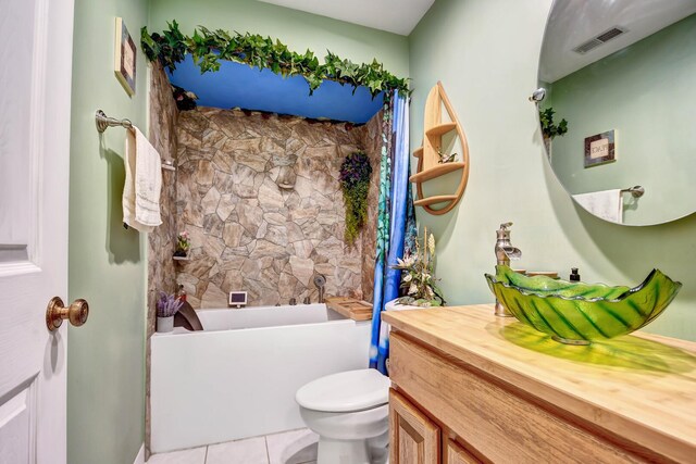 13228 S Westview Dr Unit 2A, Palos Heights, IL 60463 - bathroom with toilet, vanity, tile patterned flooring, and shower / tub combo with curtain