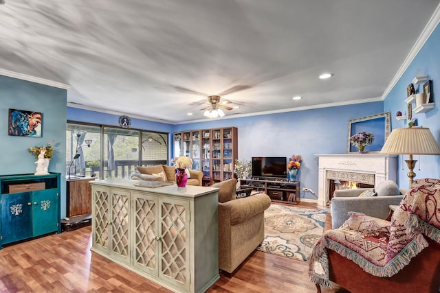 13228 S Westview Dr Unit 2A, Palos Heights, IL 60463 - living room with crown molding, wood finished floors, recessed lighting, a glass covered fireplace, and ceiling fan