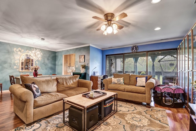 13228 S Westview Dr Unit 2A, Palos Heights, IL 60463 - living area featuring wood finished floors, recessed lighting, a ceiling fan, crown molding, and a chandelier