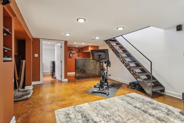 89 Huron St, Maywood, IL 60153 - workout area with baseboards, a bar, and recessed lighting