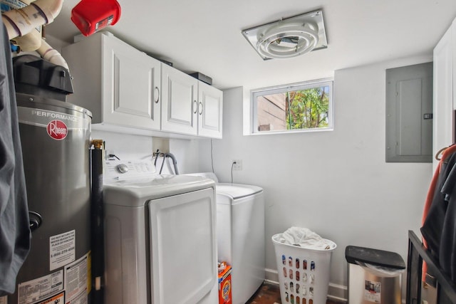 89 Huron St, Maywood, IL 60153 - laundry area with cabinet space, washing machine and clothes dryer, gas water heater, and electric panel