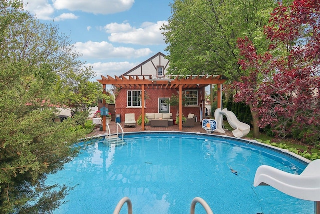 89 Huron St, Maywood, IL 60153 - outdoor pool featuring a water slide, a pergola, and outdoor lounge area